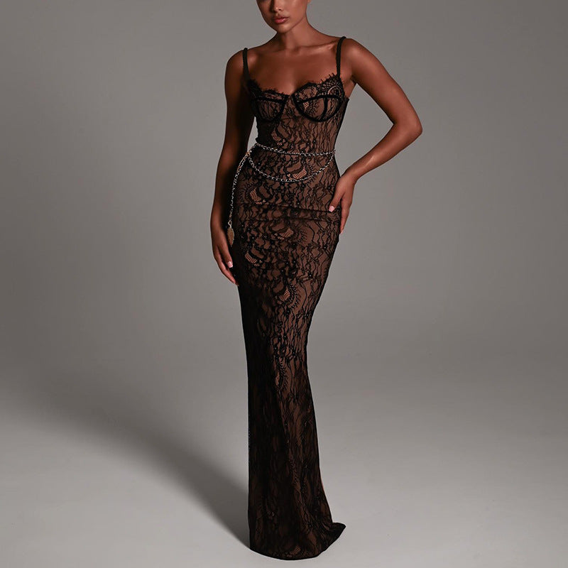 New Lace Splicing Sling Long Dress