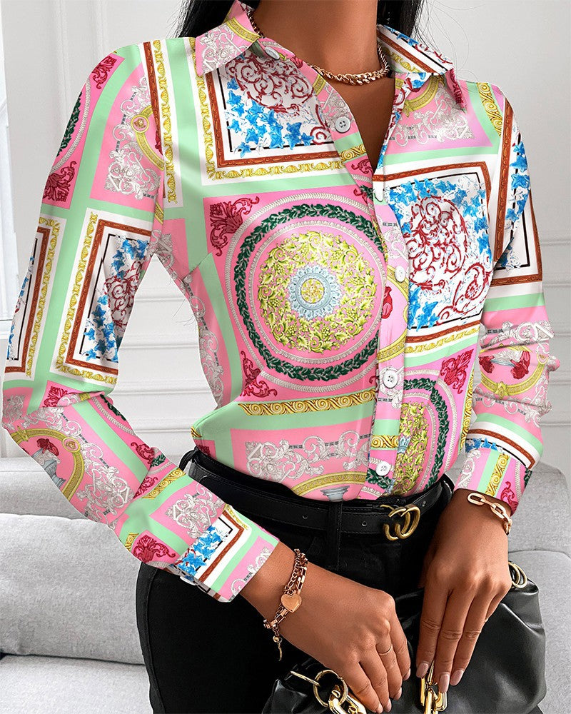 Loose Long Sleeve V Neck Button Print Shirt Women