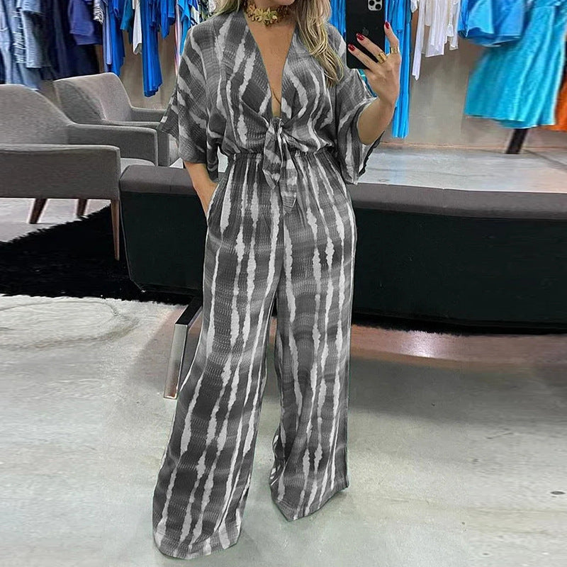 Personalized Print Lace Up V Neck Jumpsuit