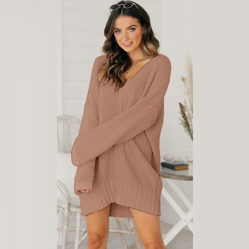 Women's Loose V-neck Mid-length Dress Sweater