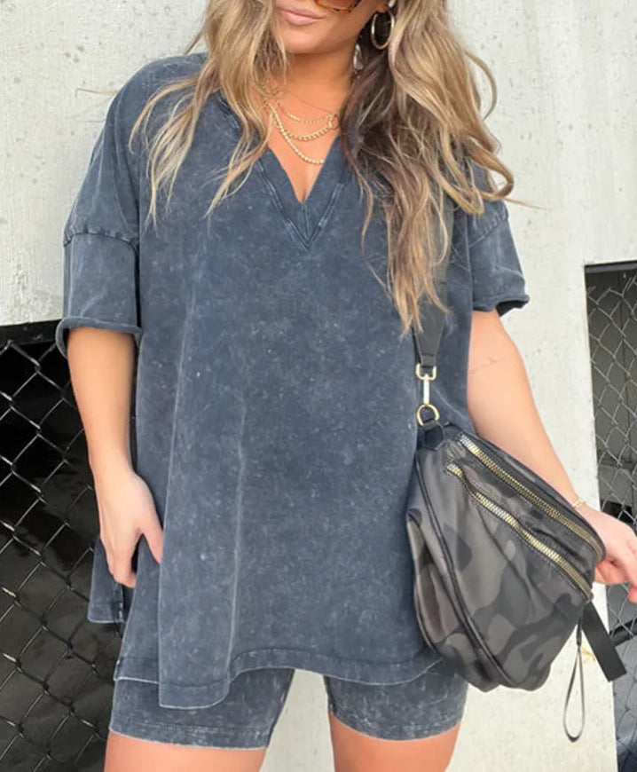 Women's V-Neck Denim-like Short-sleeved T-shirt Casual Shorts Suit