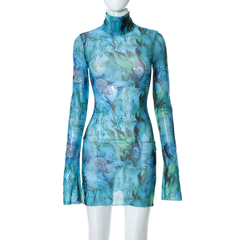 Mesh Floral Print Round-neck Flared Sleeves Side Open Sheath Dress