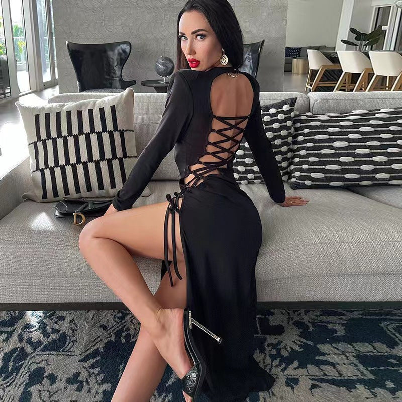 European And American Beveled Split Lace-up Sexy Dress
