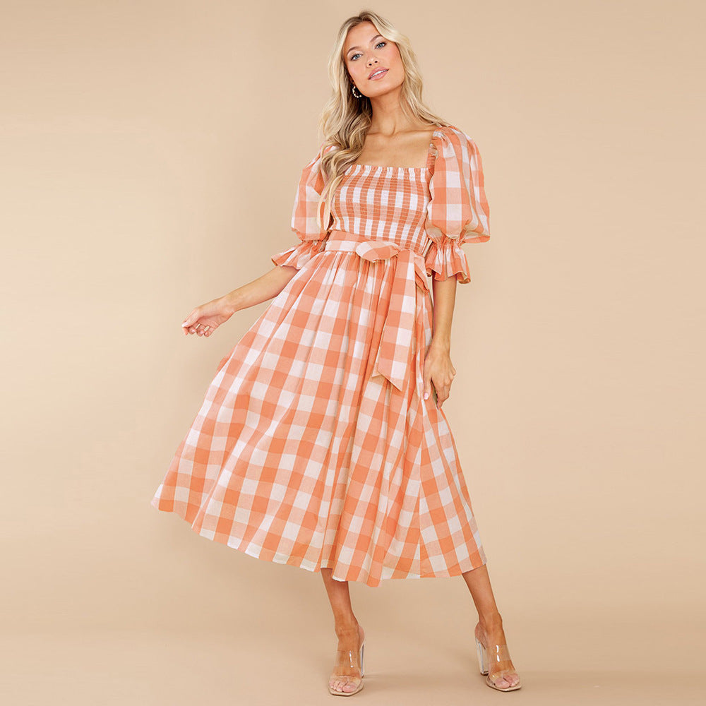 Slim One-neck Off-the-shoulder Plaid Print Beach Dress