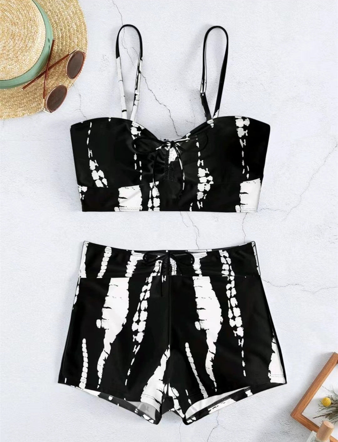 European And American Split High Waist Boxer Lace Printing Swimsuit
