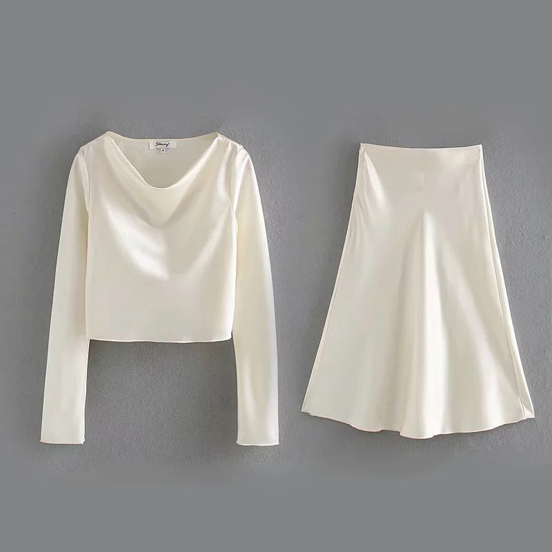 Long sleeve short T-shirt + satin skirt casual suit