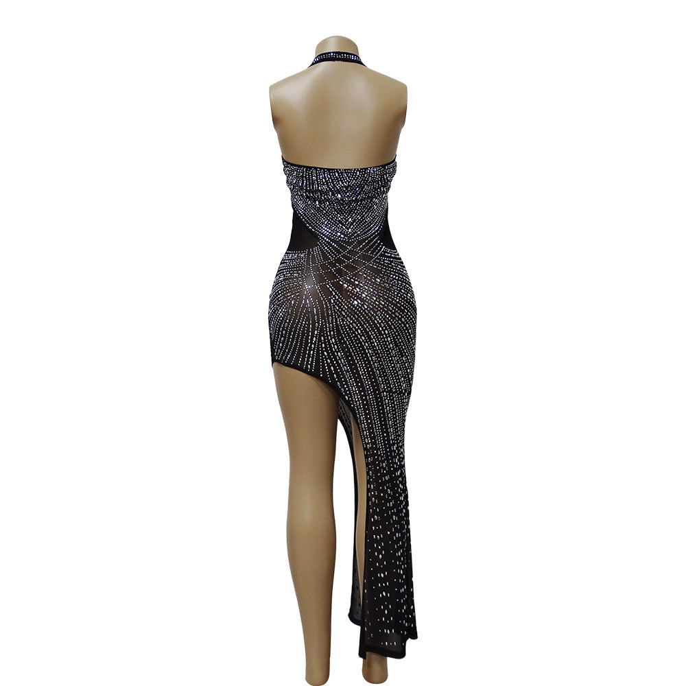 Mesh Rhinestone Halter Asymmetric Skirt