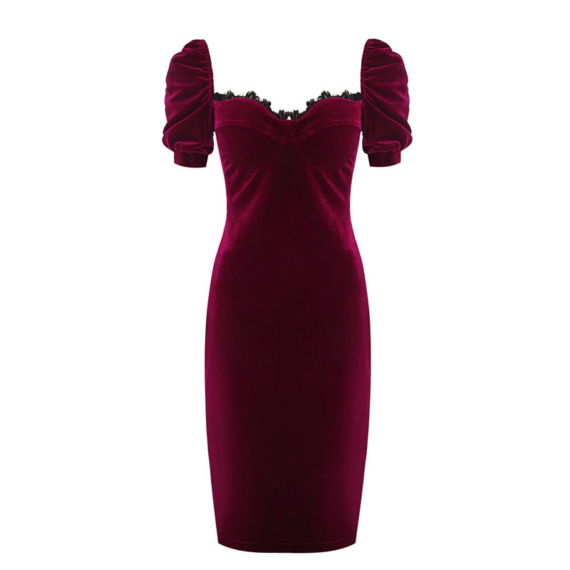 Elegant Velvet Lace Burgundy Annual Meeting Burgundy Dress