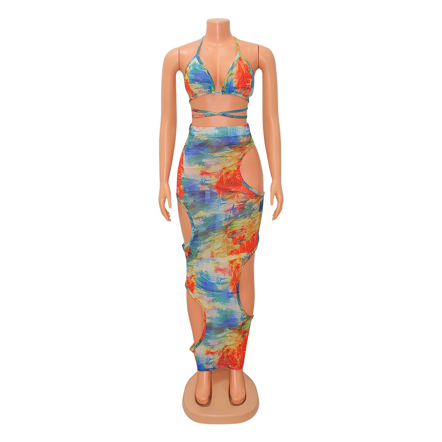 Ladies Fashion Lace Up Mesh Print Dress Two Piece Set