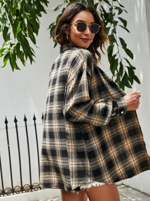 Loose And Slim Lapel Long Sleeved Brushed Plaid Shirt