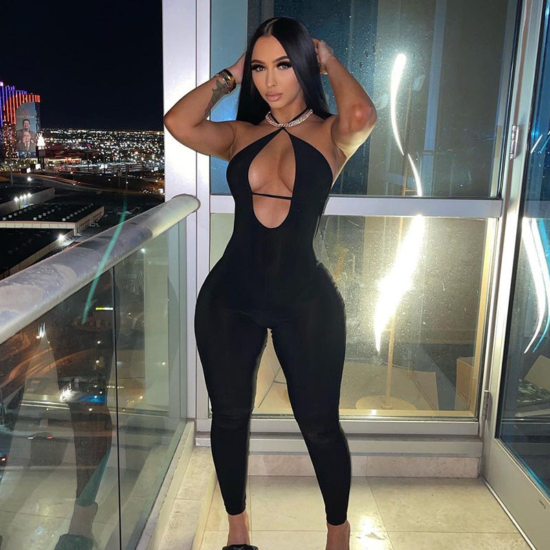 Women's Sleeveless Tight Halter Neck Solid Color Jumpsuit