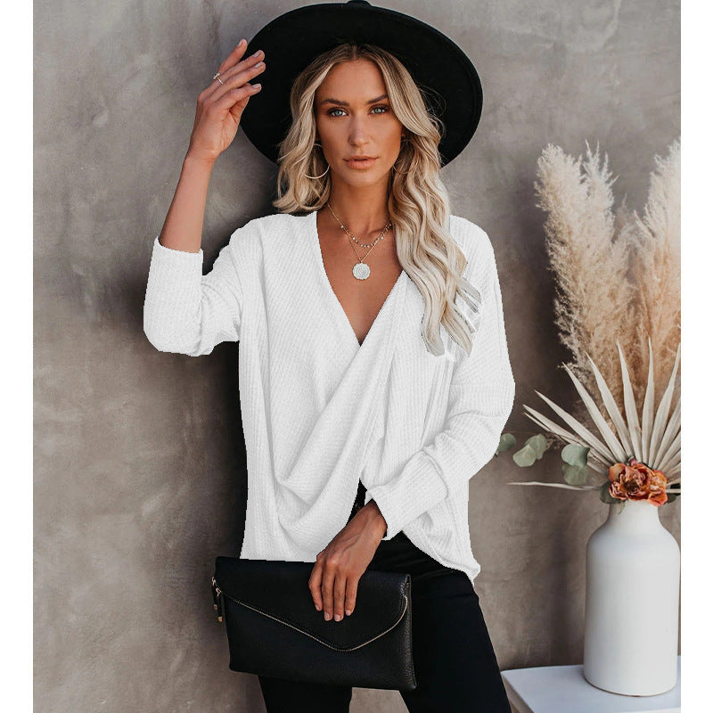 Casual Solid Color Long Sleeve V-Neck T-Shirt Top