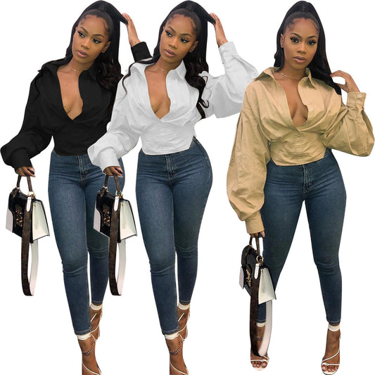 Fashion slim temperament solid color lantern sleeve shirt
