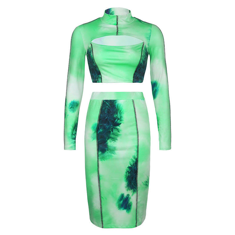 Tie-dyed Printed Half-high Neck Cut-out Top And Skirt