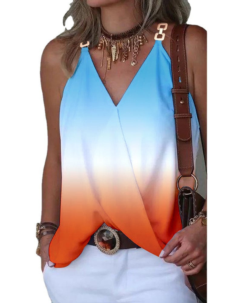 Women's Simple V-neck Metal Buckle Printed Vest