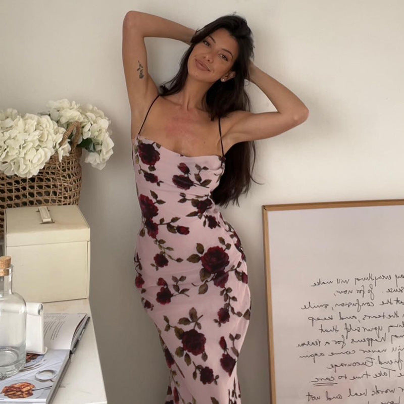 Rose Print Dress With Lace Spicy Girl