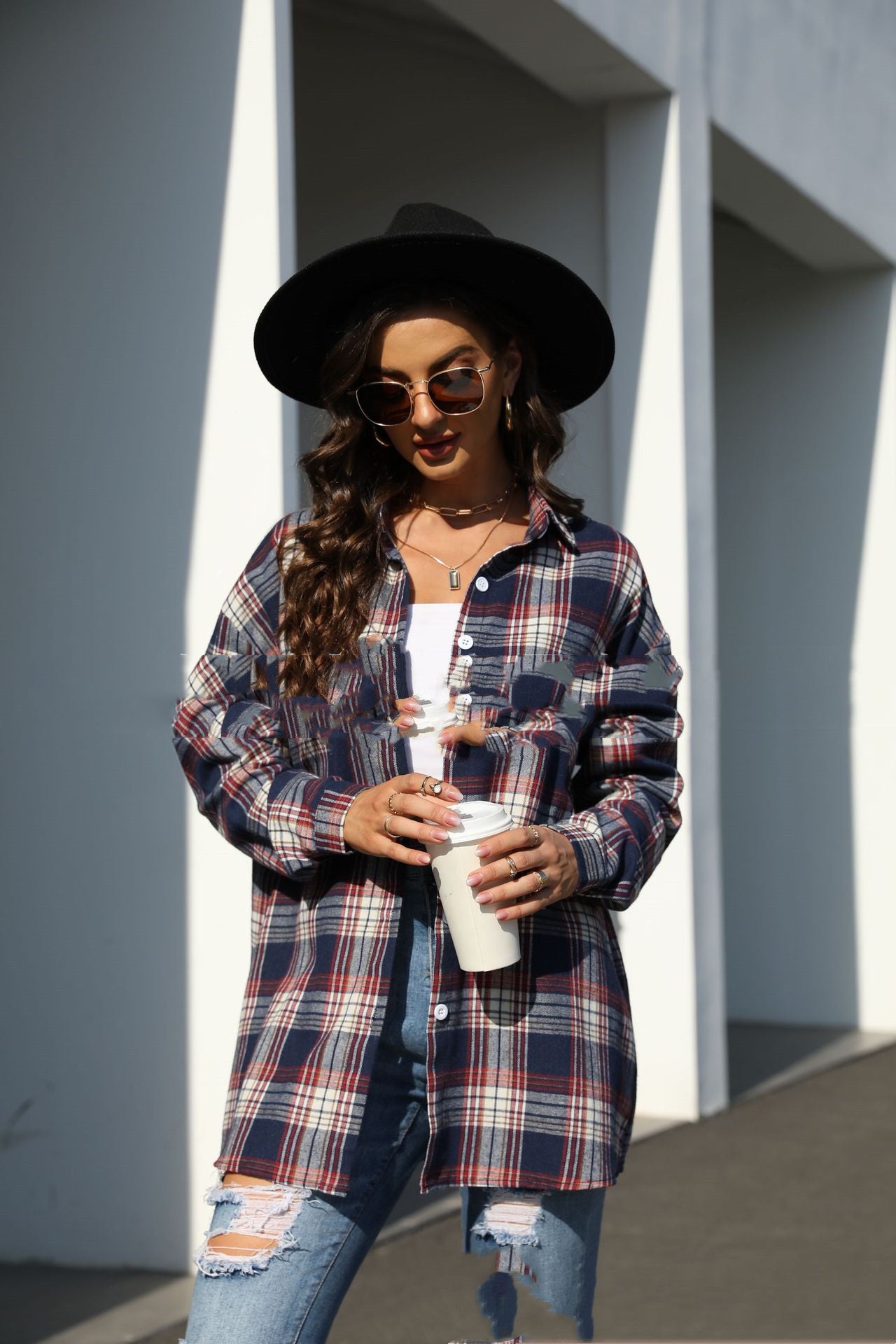 Loose And Slim Lapel Long Sleeved Brushed Plaid Shirt