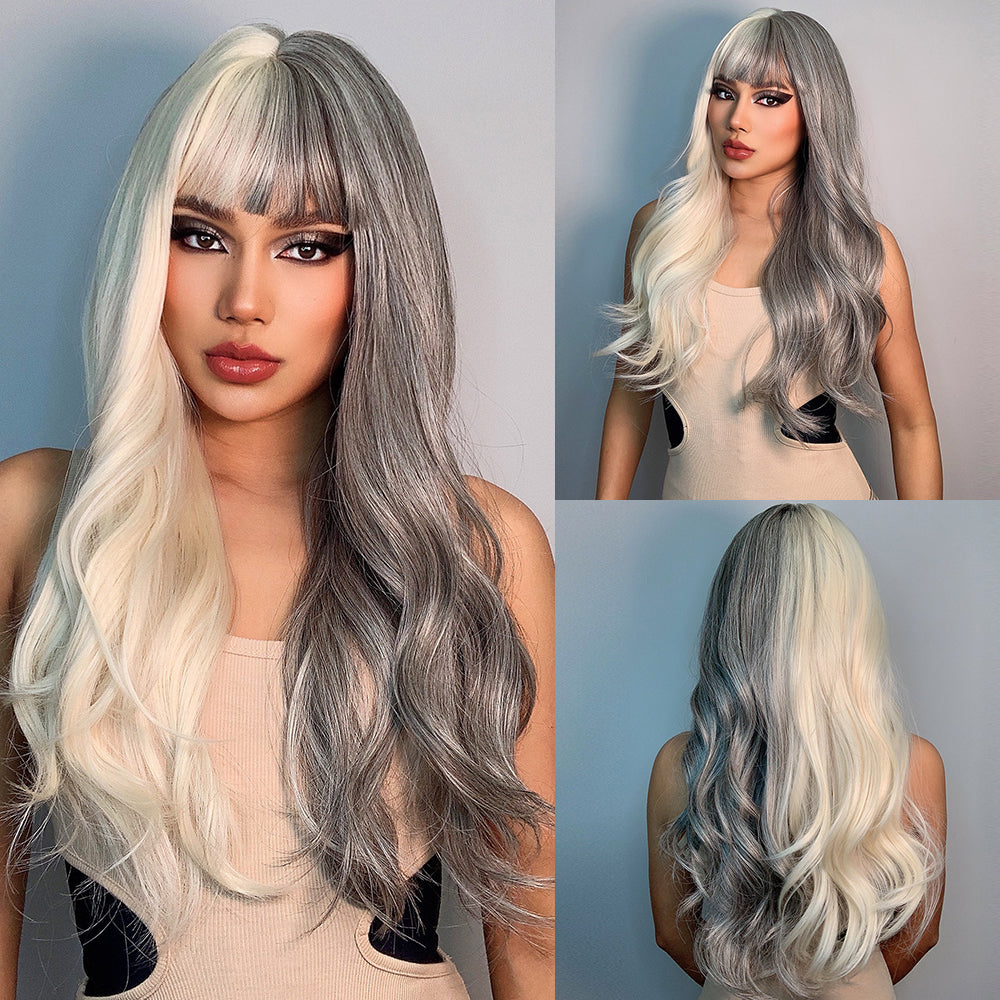 Yin Yang Long Curly Hair Air Bangs Full Head Cover Wig