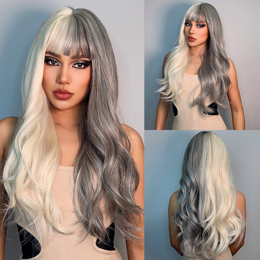 Yin Yang Long Curly Hair Air Bangs Full Head Cover Wig