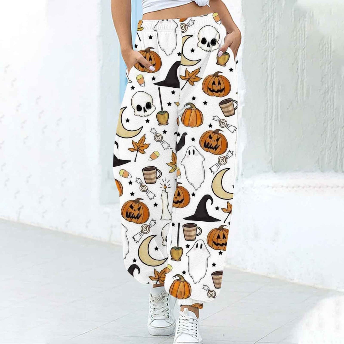 Women's Fashion Loose Halloween Funny Print Ankle Banded Pants
