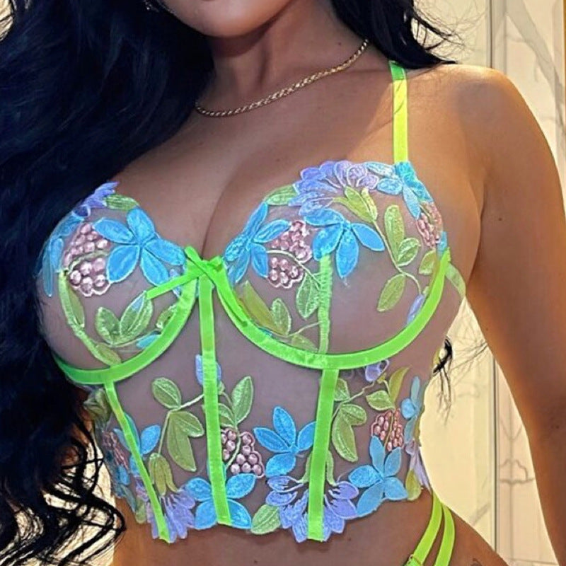 Fashion Printing Sexy Lace Corset Set With Embroidery