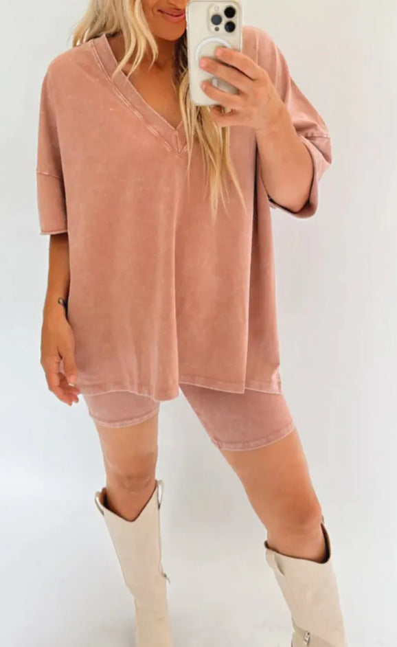 Women's V-Neck Denim-like Short-sleeved T-shirt Casual Shorts Suit