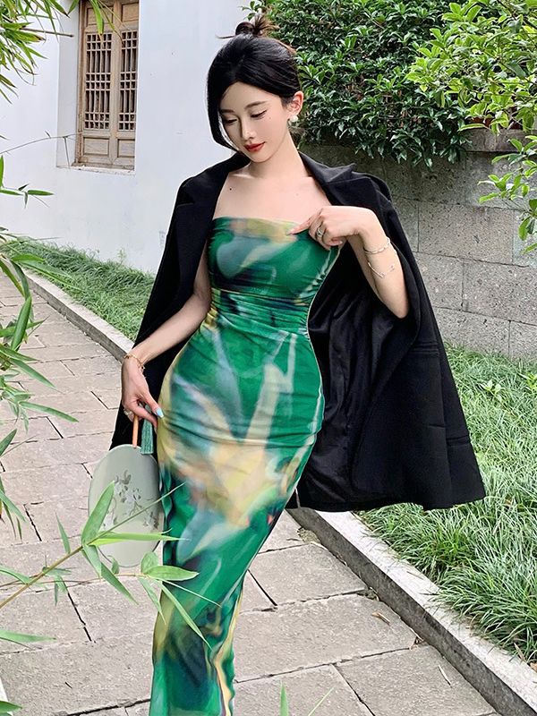 Retro Chinese Style Ink Painting Tube Top Dress