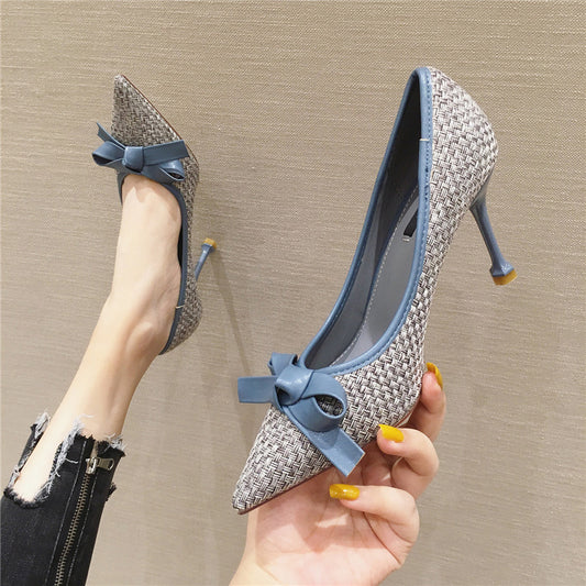 Women's Leather Bow Stiletto Pointed High Heels