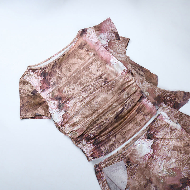 European And American Ruffled Round Neck Printing Short Sleeve