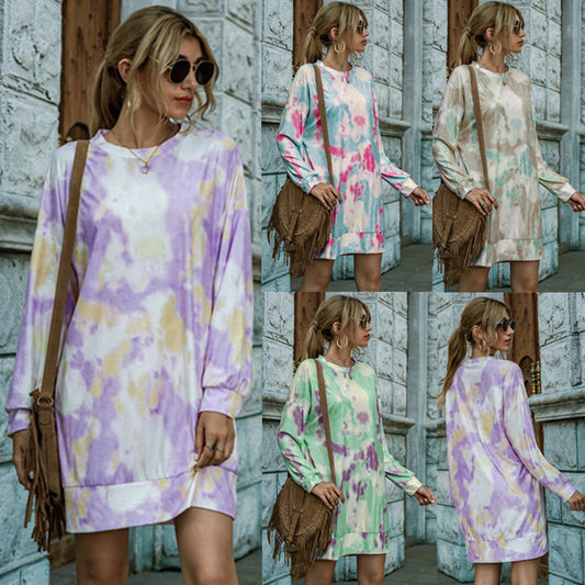 Women's Fashionable Knitted Sweater Long Sleeve Tie-dye Dress