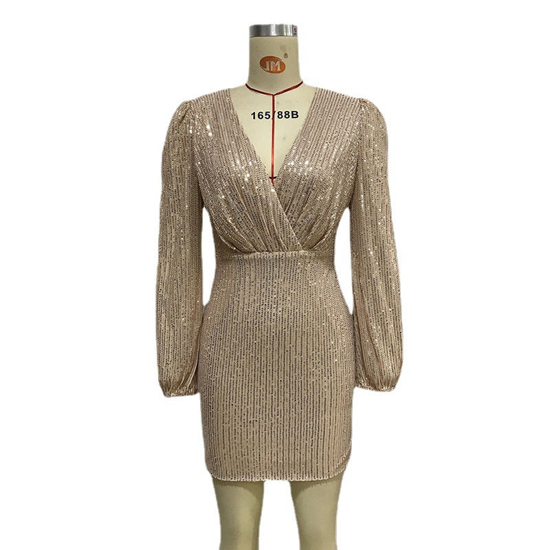 Frilled Collar Sequined Skinny Fashion Dress