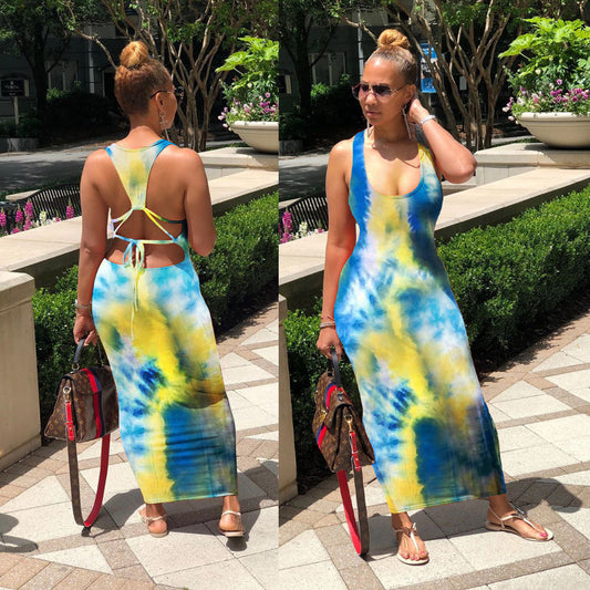 Ladies Long Skirt Independent Tie-dye Back Tie Dress