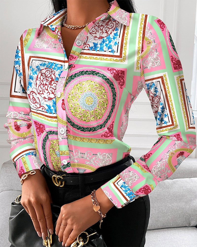 Loose Long Sleeve V Neck Button Print Shirt Women