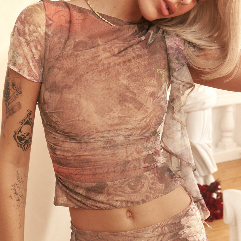 European And American Ruffled Round Neck Printing Short Sleeve