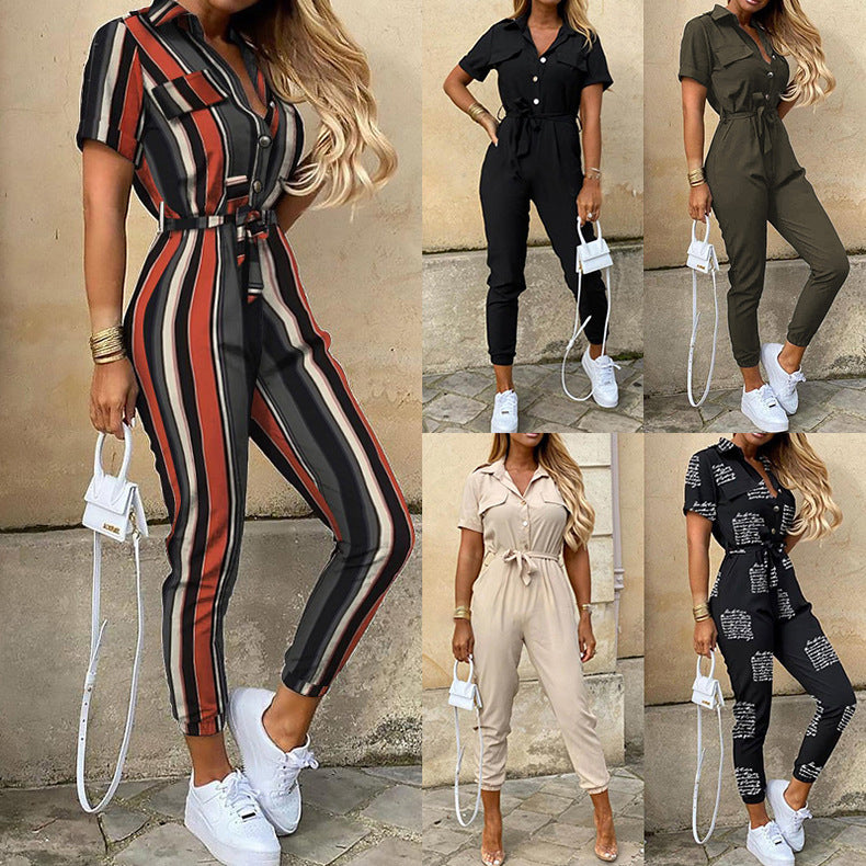 Casual Lapel Printed Belt Overalls
