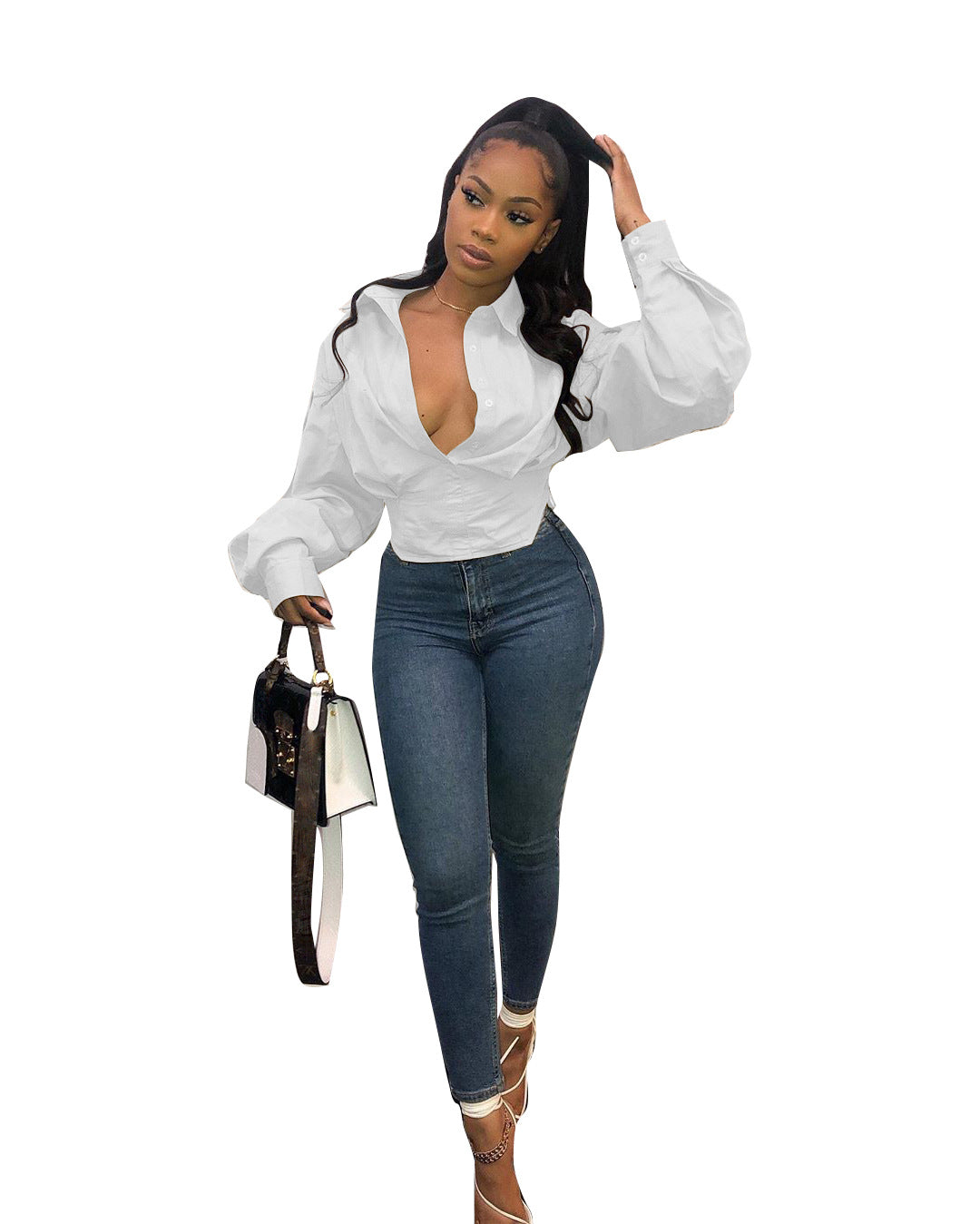 Fashion slim temperament solid color lantern sleeve shirt