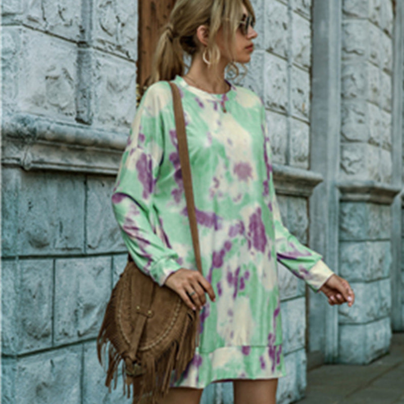 Women's Fashionable Knitted Sweater Long Sleeve Tie-dye Dress