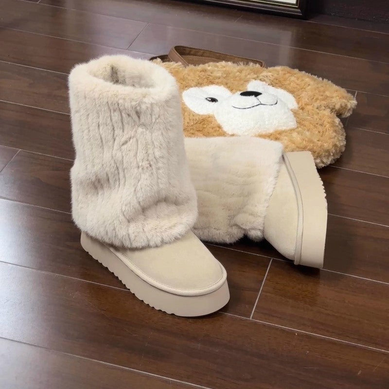 Plush Cute Cream Short Warm Fur Boots Winter Sleeve Platform Height Increasing Shoes