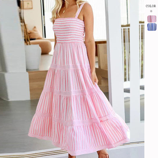 Striped Printed Suspenders Waist-tight Holiday Dress Women