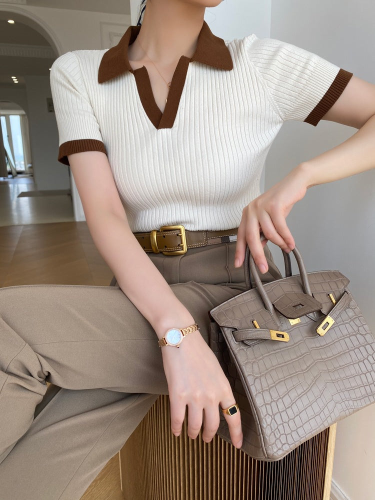 Contrast Color V Neck Short Sleeved Sweater