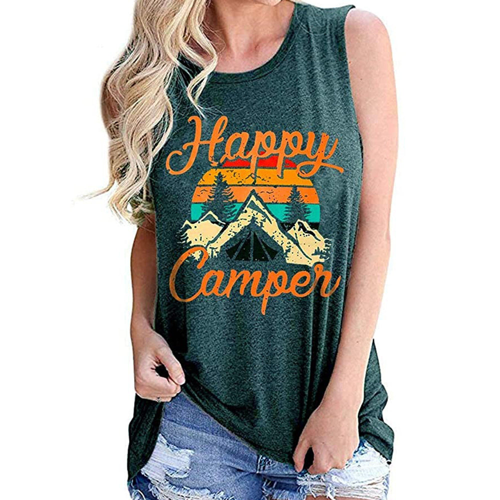 Happy Pattern Printed Round Neck Sleeveless T-shirt Women