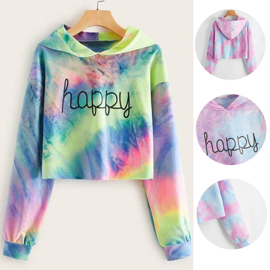 Hoodies Women Rainbow Tie Dye Print Women's Sweatshirt Autumn Cropped Hoodie Harajuku Streetwear Crop Top Hoodie Moletom