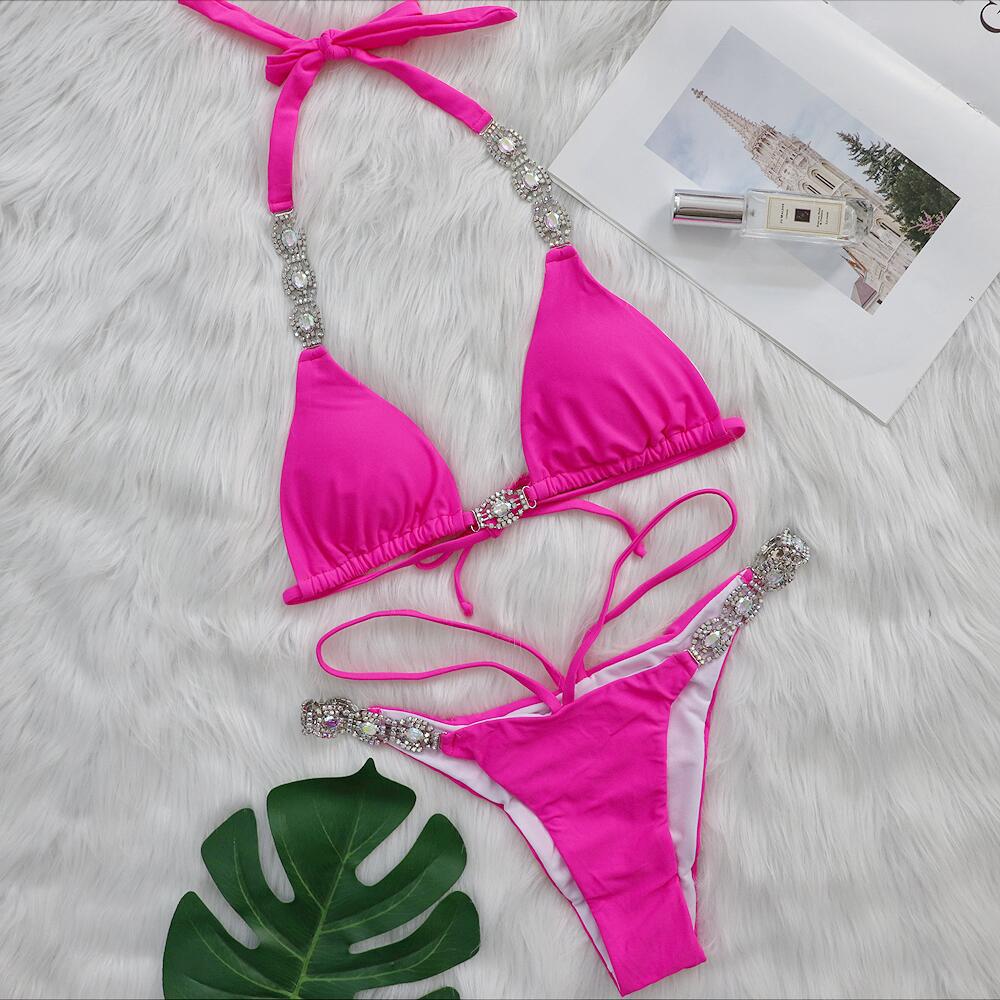 Crystal Diamond Split Swimsuit For Women Solid Color Lace-up