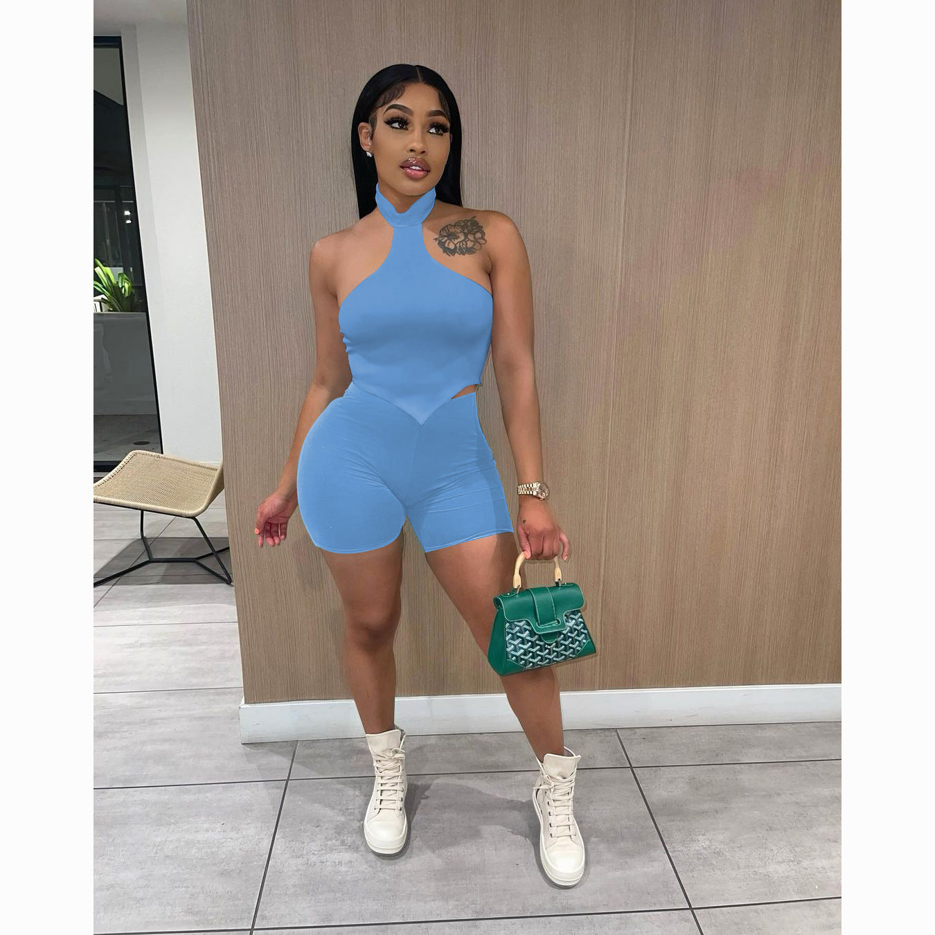 Women's Summer Halter Neck Back Short Sleeve Shorts Suit