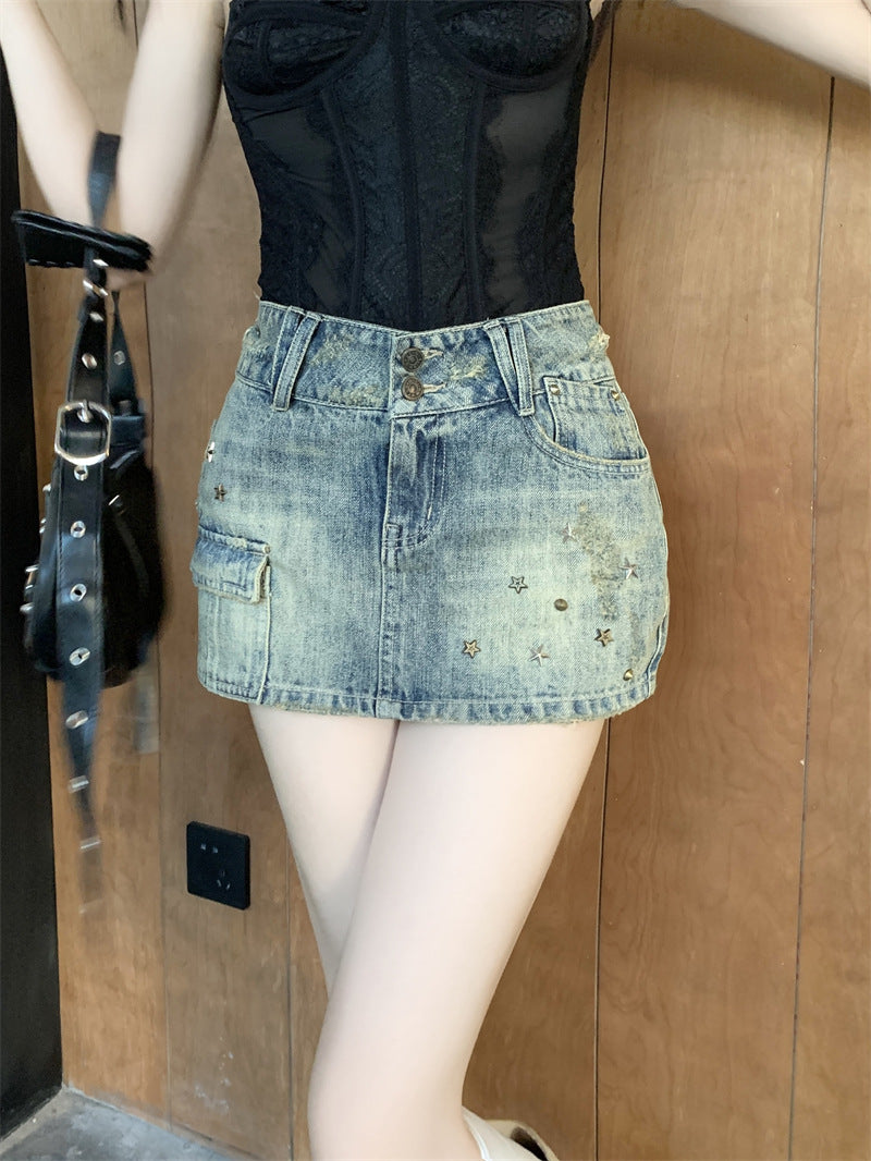 Hot Girl Heavy Industry Sheath A- Line Skirt Washed-out Vintage Denim Skirt