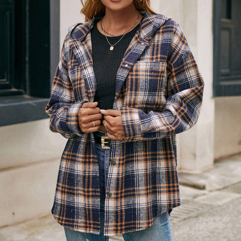 Loose Casual Long-sleeved Single-breasted Check Hooded Jacket