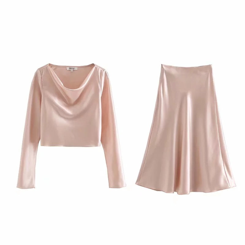 Long sleeve short T-shirt + satin skirt casual suit