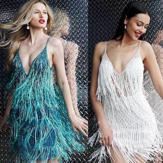 Low-cut V-neck Suspender Fringe Dress Fashion Fringe Skirt