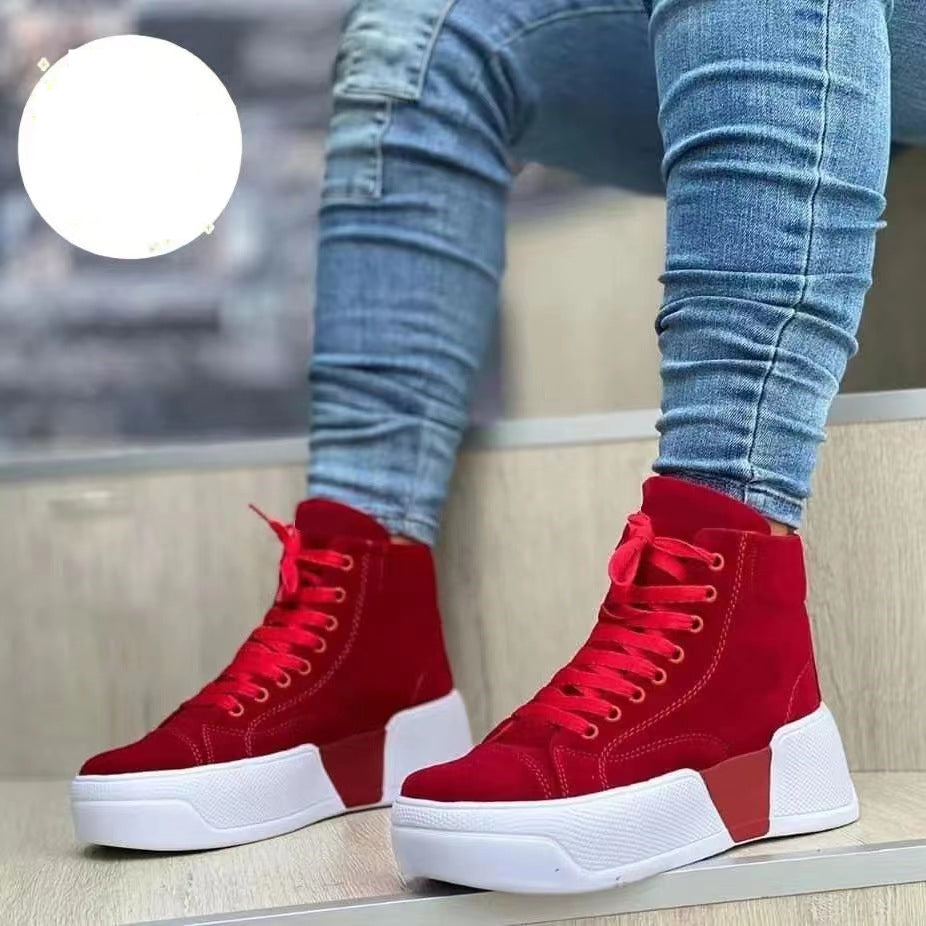 Chunky Heel Boots Round Toe Lace-Up Flats Shoes Suede Ankle Boots