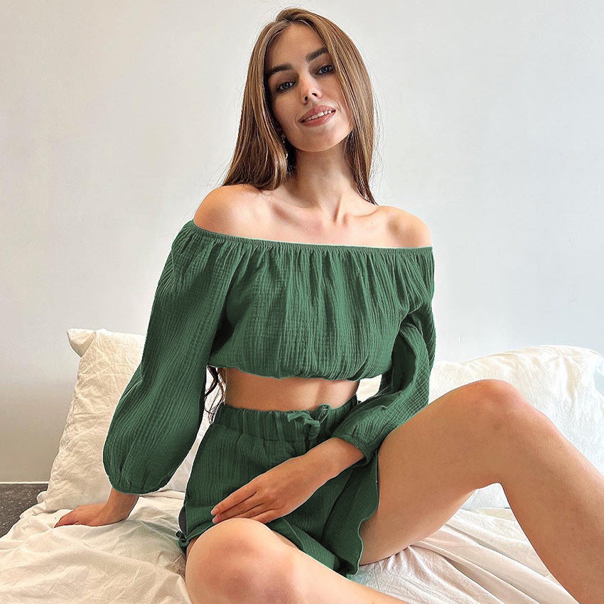 French T-Shirt Cropped Sleeve Double Crepe Cotton Crop Pajamas Women's Set
